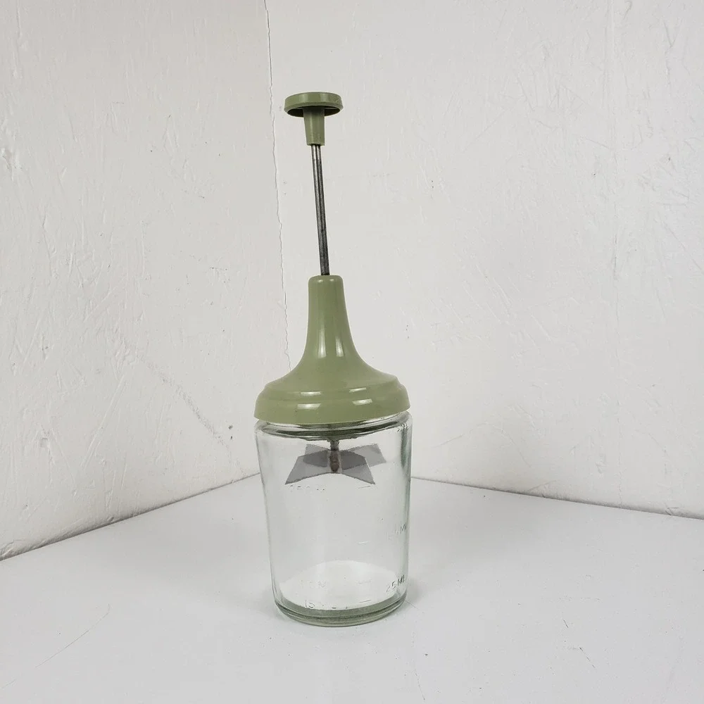 Vintage Manual Nut Food Chopper Glass Jar Stainless Blades Avocado Green 1.5 Cup